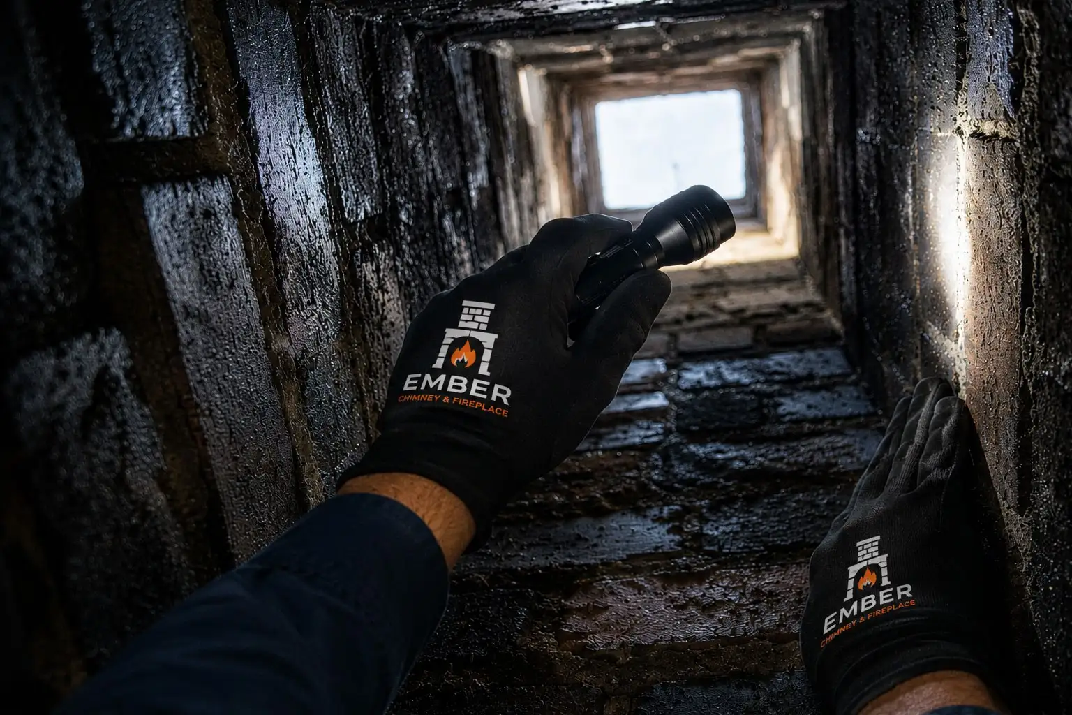 Inside a chimney flue during a chimney inspection