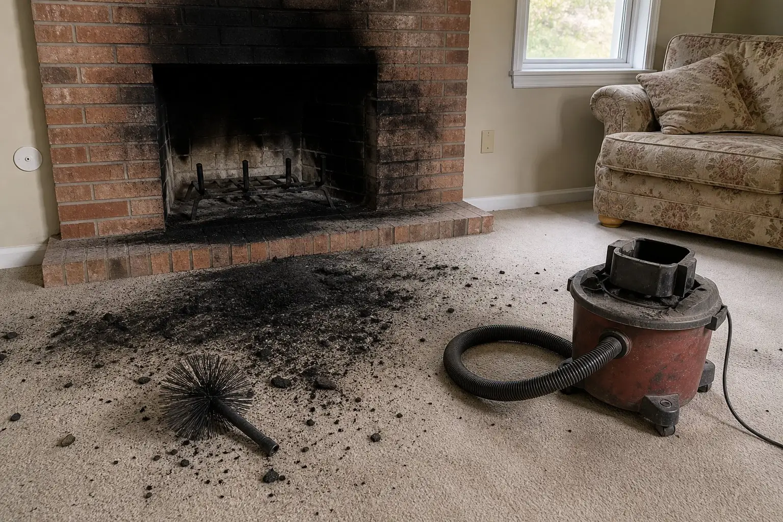 Soot and creosote spilled on a carpet in front of a fireplace after a careless chimney sweep (illustration)