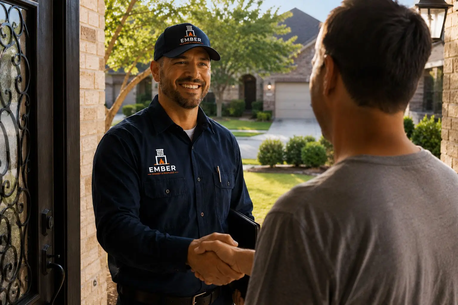 Ember Chimney & Fireplace technician greeting a homeowner at the front door