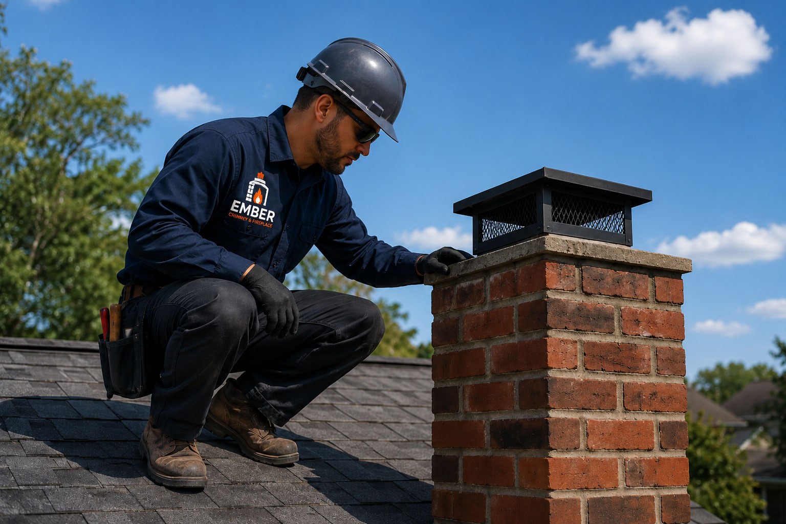 Ember technician checking a brick chimney and its cap on a roof