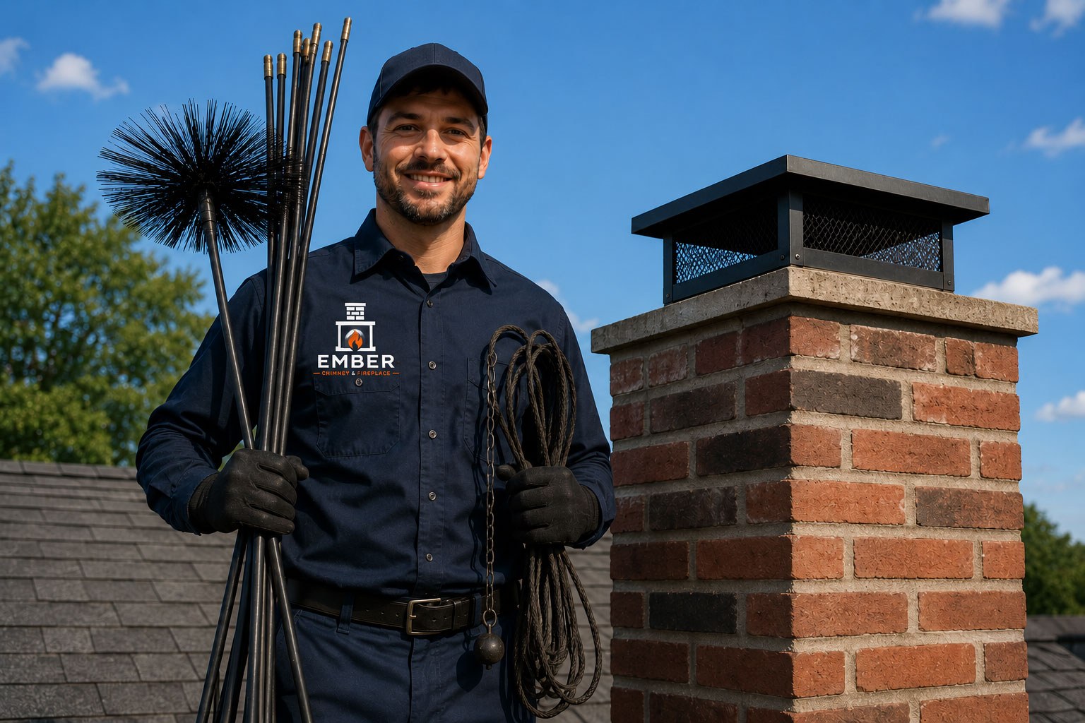 Ember Chimney & Fireplace chimney sweep holding sweeping rods and brushes next to a brick chimney